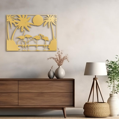 Tropical Flamingo Palm Tree Silhouette Modern Abstract Wall Accent Sculpture Hanging Decoration Metal Wall Decor