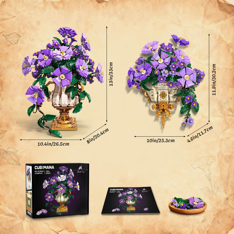 Ensemble de construction de bonsaï Morning Glory avec vase, 1136 pièces, pot de fleurs 2 en 1 à poser et à fixer au mur, décoration botanique pour adultes (12 ans et plus).