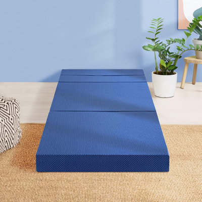 Tri-Folding Memory Foam Mattress Topper, 4 Inch Gel Folding Mattress For Camping, Foldable Guest Bed, Washable Cover, Certipur-US Certified, Soft, Blue