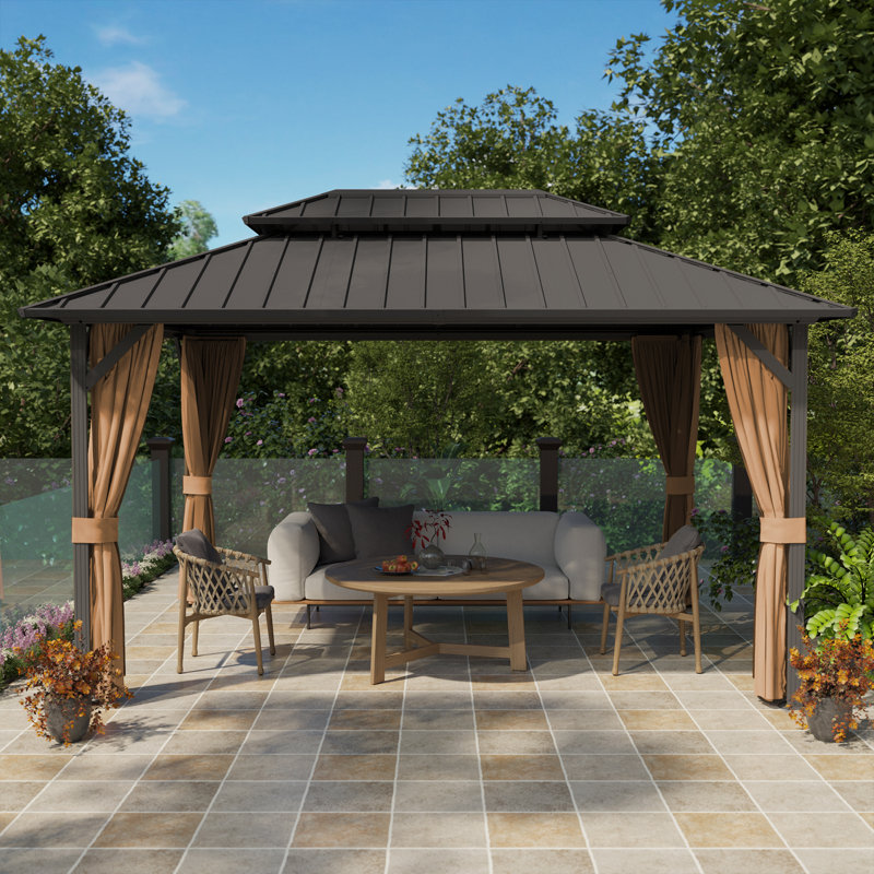 12ft x 14ft Aluminum Patio Gazebo, Outdoor Gazebo with Galvanized Steel Roof, Privacy Curtains & Mosquito Netting for Patio, Garden and Backyard