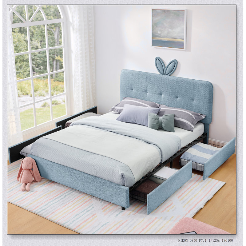 Lit tapissier charmant pour enfants avec tête de lit à oreilles de lapin, lumière DEL et 4 tiroirs de rangement, tissu souple Boucle