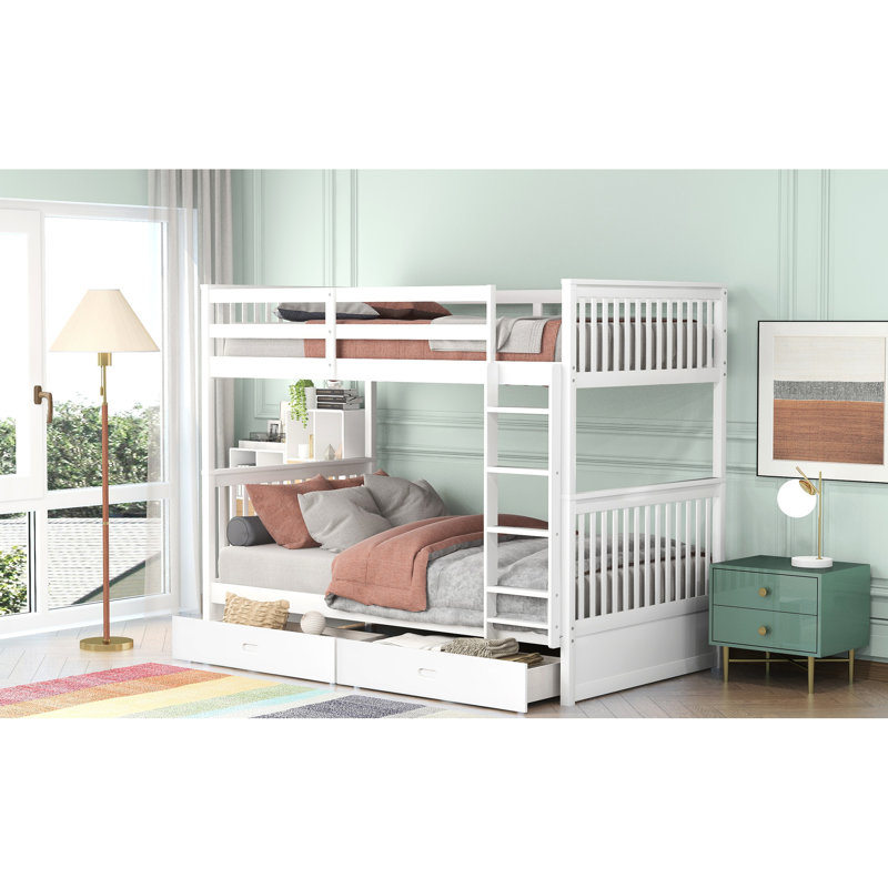 White Twintwin Bunk Bed With Storage - Adds Style To Bedroom And Ladders White, Fits Various Bedrooms
