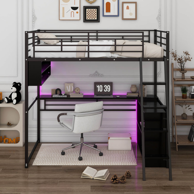 Lit mezzanine en métal avec DEL, bureau et tablettes de rangement, Double