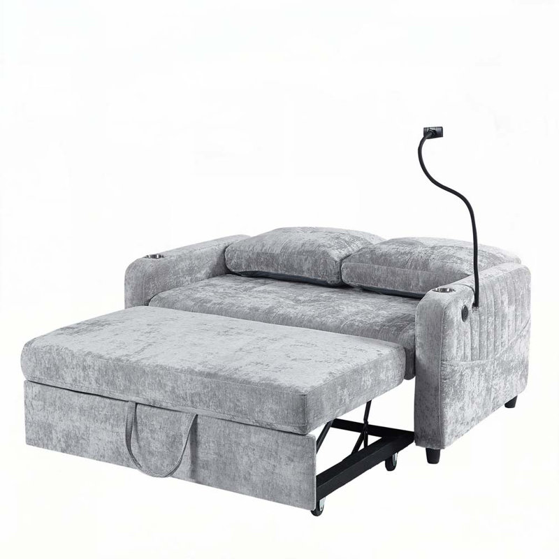 Canapé-lit coulissant en chenille avec dossier réglable, deux porte-gobelets et un porte-téléphone, Gris