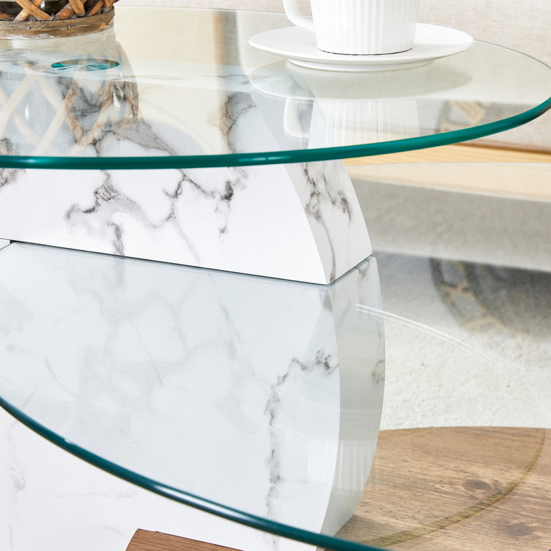 Table basse contemporaine avec marbre blanc et texture de grain de bois, verre trempé de haute qualité, structure stable, support lisse double couche à choix de couleurs multiples, divers