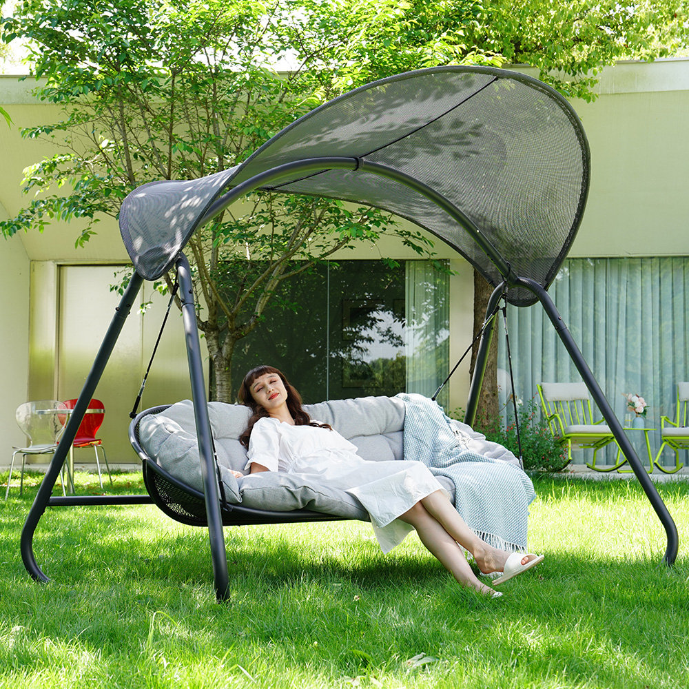 Arlmont & Co. All Steel Curved Top Pull Rope Triple Rocking Chair ...