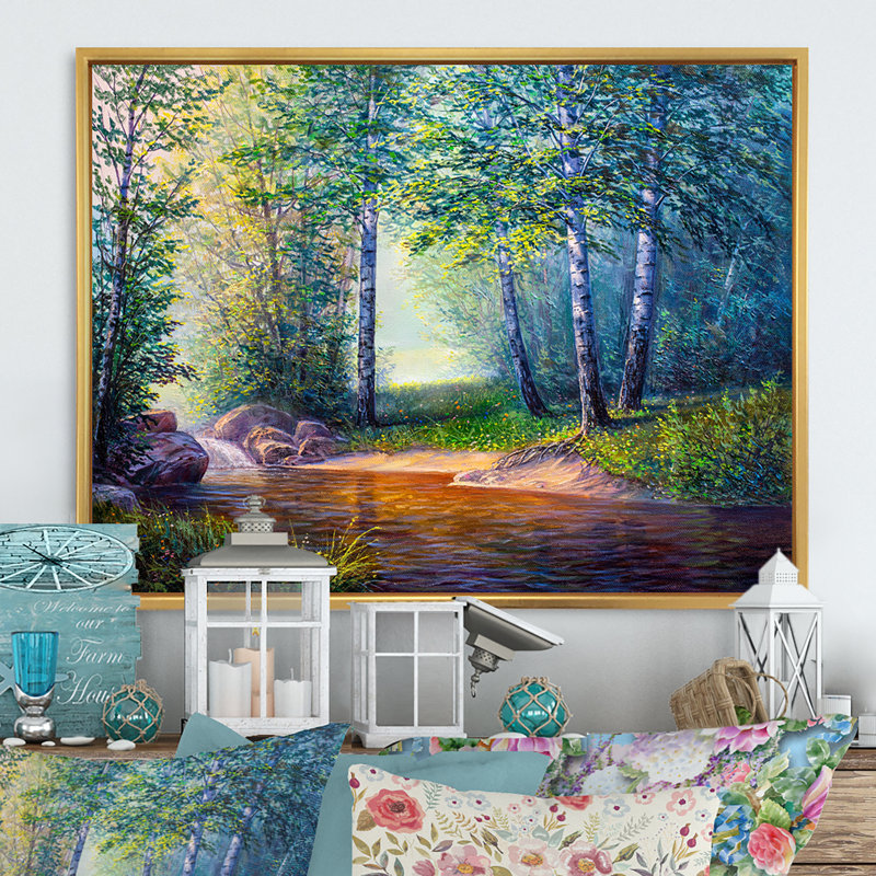 «Summer Scenery Of A Forest River II», art mural traditionnel sur toile, H 8 po x l 12 po x P 1 po, Cadre flottant doré