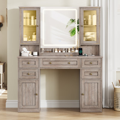 Deshawn Vanity Desk, Make Vanity Set with Touch Screen Dimming Mirror