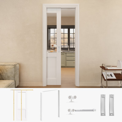 Porte de garde-robe coulissante en verre transparent 28 po x 80 po avec quincaillerie argentée et cadre de porte blanche