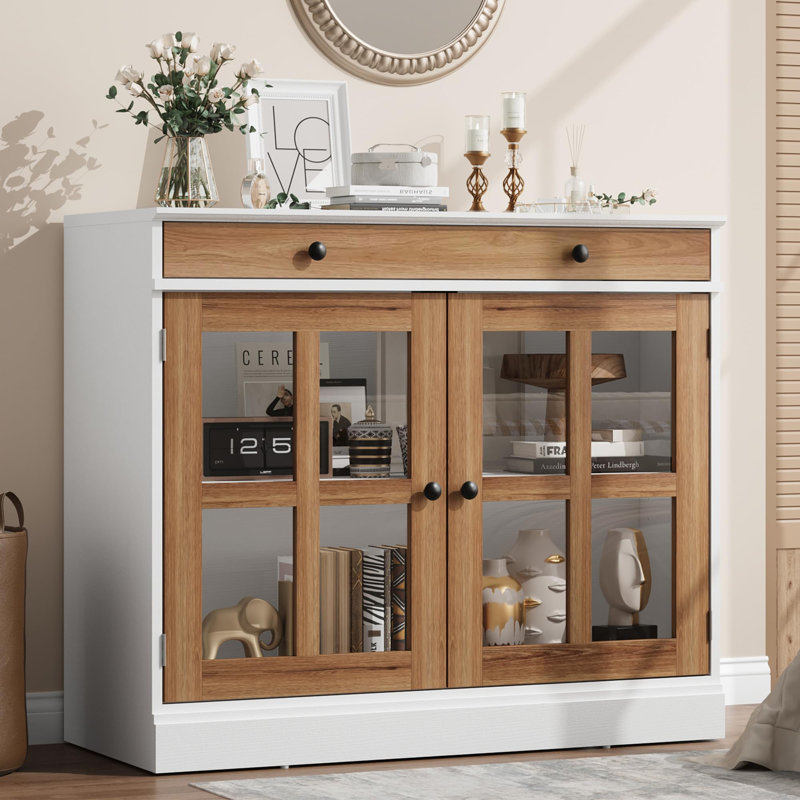 Buffet moderne avec porte et tiroir en verre - tablette réglable, rangement de 35,4 po pour le vestibule, la salle à manger et la cuisine