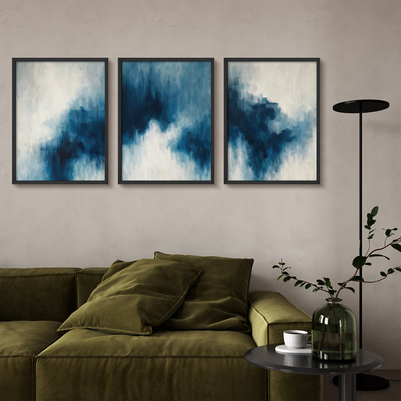 «Blue Abstract Clouds», ensemble de 3 reproductions d'art encadrées inspirées de l'océan avec des tons de marine et de blanc, œuvre d'art contemporaine pour la chambre ou le salon