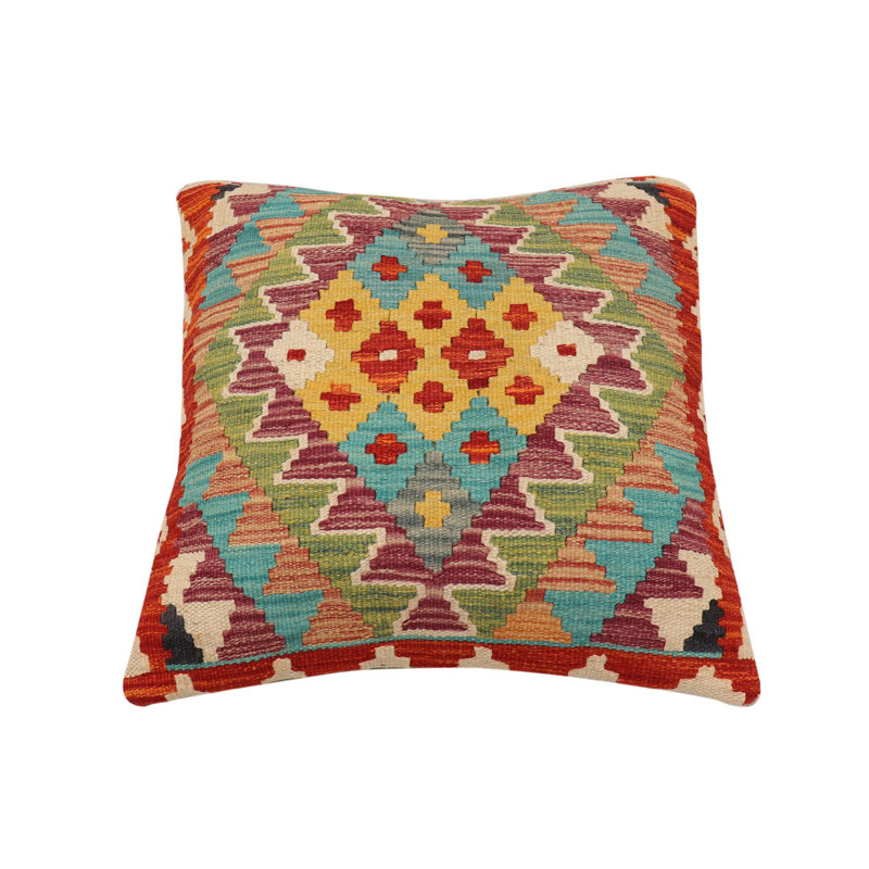 Coussin kilim tissé à la main Southwestern Quirk, H 19 po x l 20 po, Rouille / bleu / beige / doré