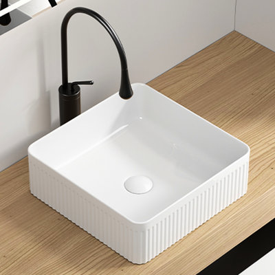 Porcelain Ceramic Rectangular Vessel Sink 15X15 Inches, Milk White, Striped Design, Suitable For Bathroom Redesign, Crack - 15 Inch Sink, Visual Impact In Bathroom, Non Staining Finish