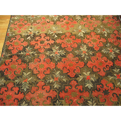 Green Antique Room Size American Folk Art Design Hooked Area Rug