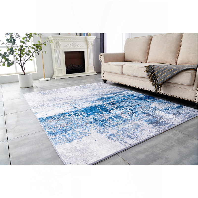 Tapis gris lavable à la machine à motif abstrait à motif abstrait turquoise, Rectangle 7 pi 6 po x 10 pi 6 po