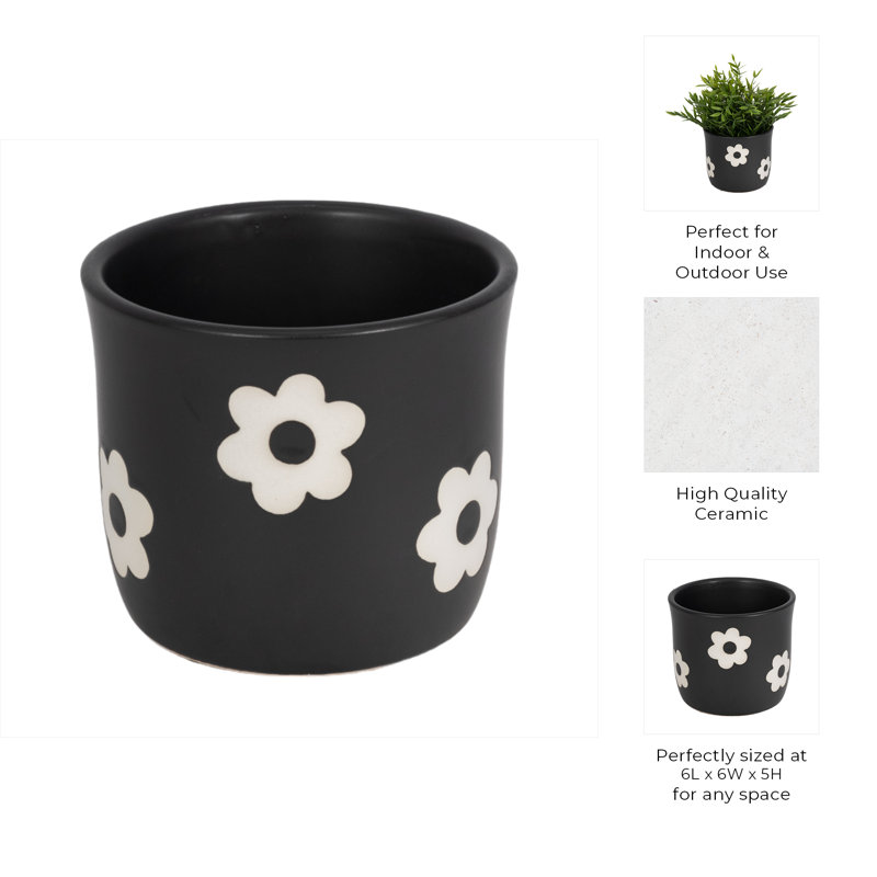 Sagebrook Home 6" Flower Power Planter, Black/White, Black White