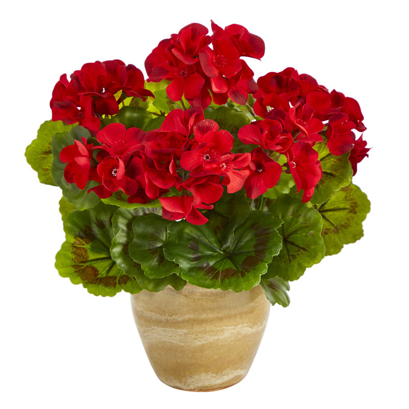 Red Geranium Artificial Plant in Ceramic Planter, 11-inch