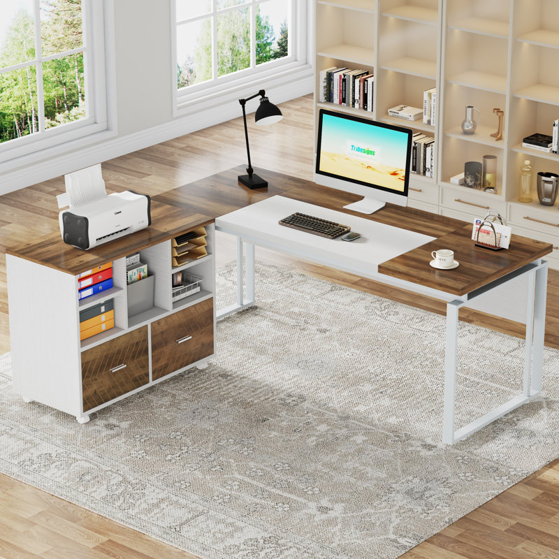 Burgener L-Shape Executive Desk with File Cabinet, Brown/White