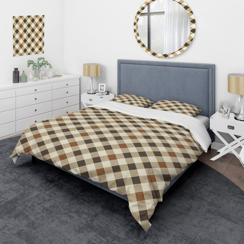 Ensemble de housse de couette moderne à motif vichy brun et beige I, Housse de couette très grand et 2 très grandes t