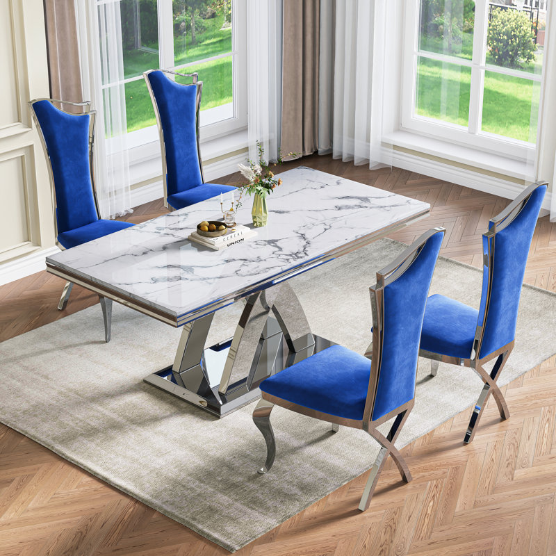 70.08” Faux Marble Dining Table With Double X Mirrored Pedestal Base, 5 Pieces Modern Table For Living Room