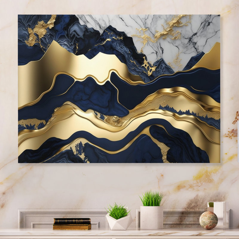 Abstraction de marbre hypnotisant bleu et or I - impression sans cadre sur métal, H 24 po x l 32 po x P 1 po