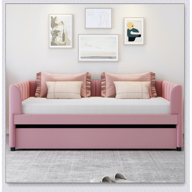 Upholstered Daybed With Ergonomic Design Backrest And Trundle, Pink