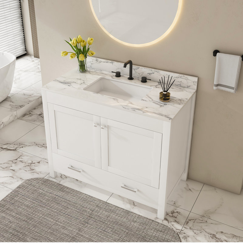 Ensemble de meuble-lavabo moderne 43 po avec plateau en fritté blanc Carrara, armoire de salle de bain multifonctionnelle avec portes et tiroir, cadre solide et panneau de fibres à densité moyenne (trou pour robinet)