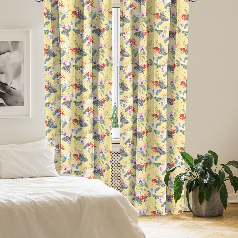Tropical Floral Semi-Sheer Rod Pocket Curtain Panels, 28" W x 63" L