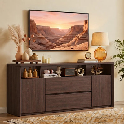 70" TV Stand with LED Lights and Charging Station for 80 Inch TVs,Mid Century Modern Entertainment Center with Storage Cabinets,Drawers,and Open Shelves for Living Room,Bedroom