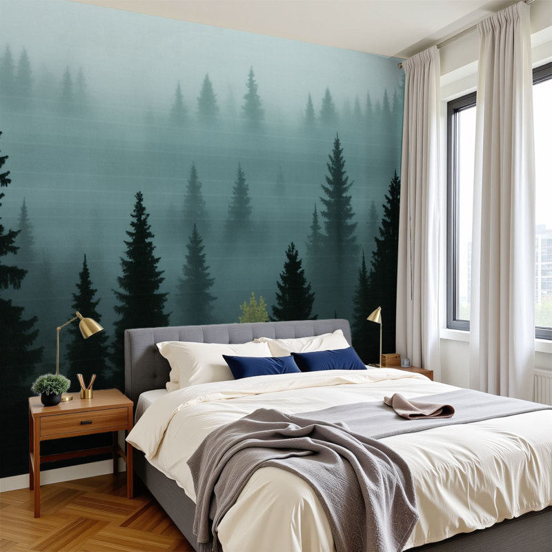 Papier peint adhésif forêt forêt de pins brumeux, arbres vert foncé, atmosphère brumeuse, papier peint amovible en PVC, H 100 po x l 144 po, pour le bureau de la chambre à coucher, bureau à domicile