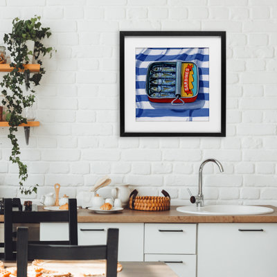 Sardines On Striped Cloth Framed Print Under Glass, design by Kate Jarvik Birch