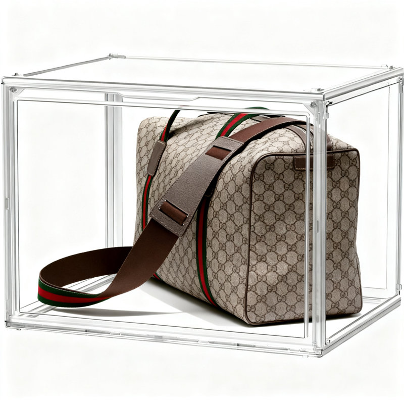 Très grande vitrine de sac à main, bac de rangement empilable avec porte magnétique anti-poussière, paquet de 1 (transparent)