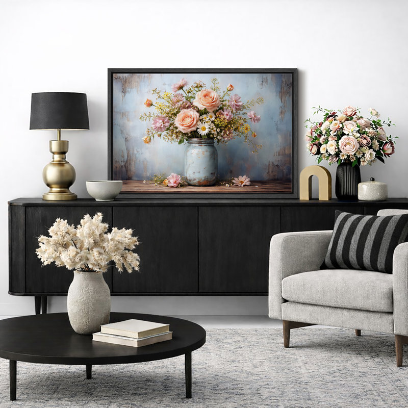«Flower Jar Artwork Floral Arrangement», reproduction d'art sur toile encadrée, H 16 po x l 24 po x P 1,5 po, Cadre noir