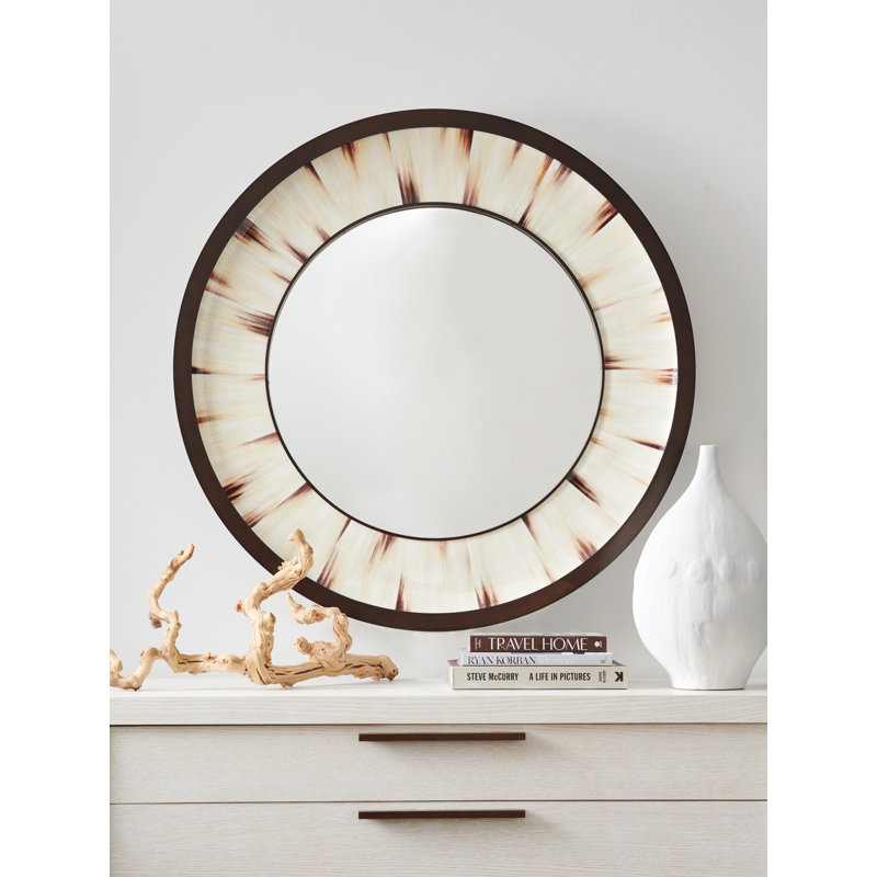 Park City 42" Cream/Brown Leather & Wood Round Wall Mirror