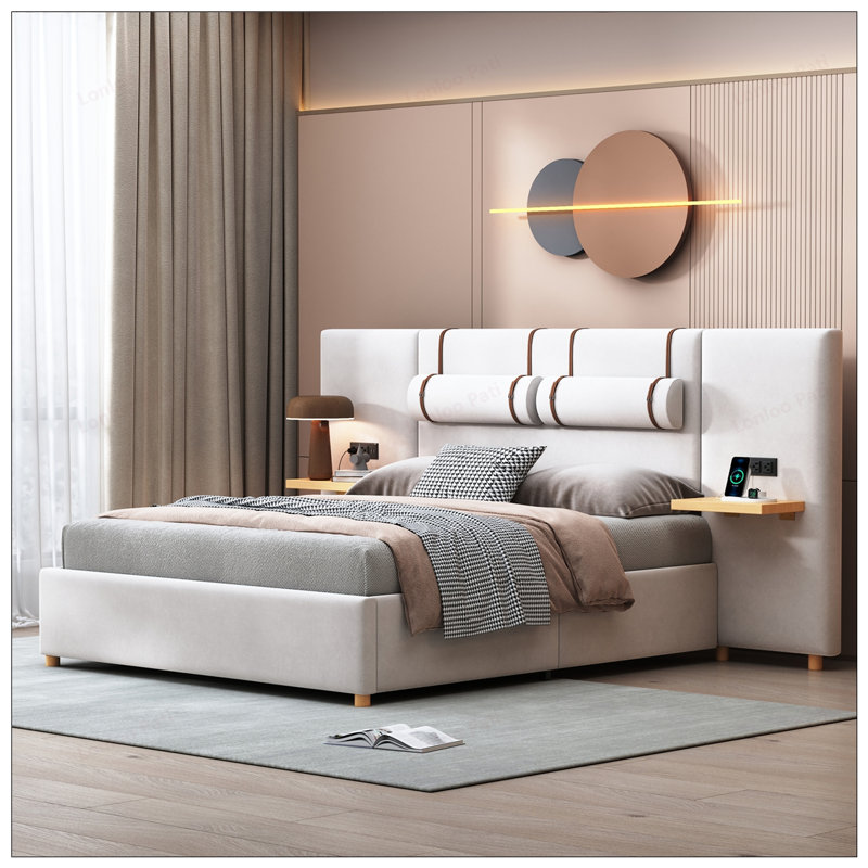 Queen Size Velvet Upholstered Platform Bed with Outlets, USB Ports, and Storage Shelves for Modern Comfort and Convenience