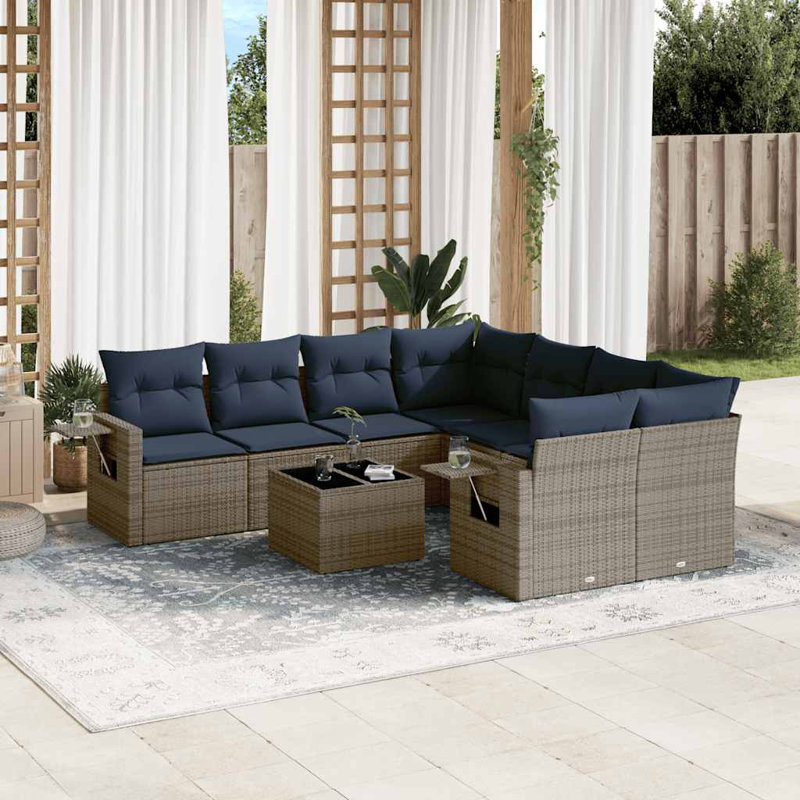 Ensemble de canapé de patio 9 pièces avec coussins en rotin de polyester, Gris, Marine