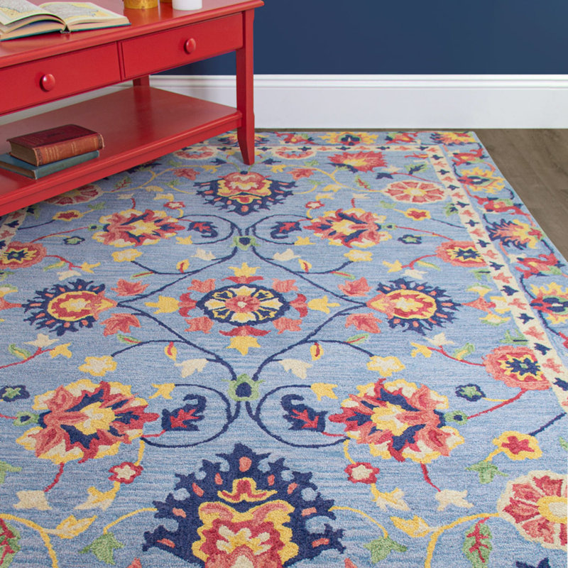 Williamsburg Floral Handmade Tufted Wool Blue/Red Area Rug, Rectangle 2' x 3'
