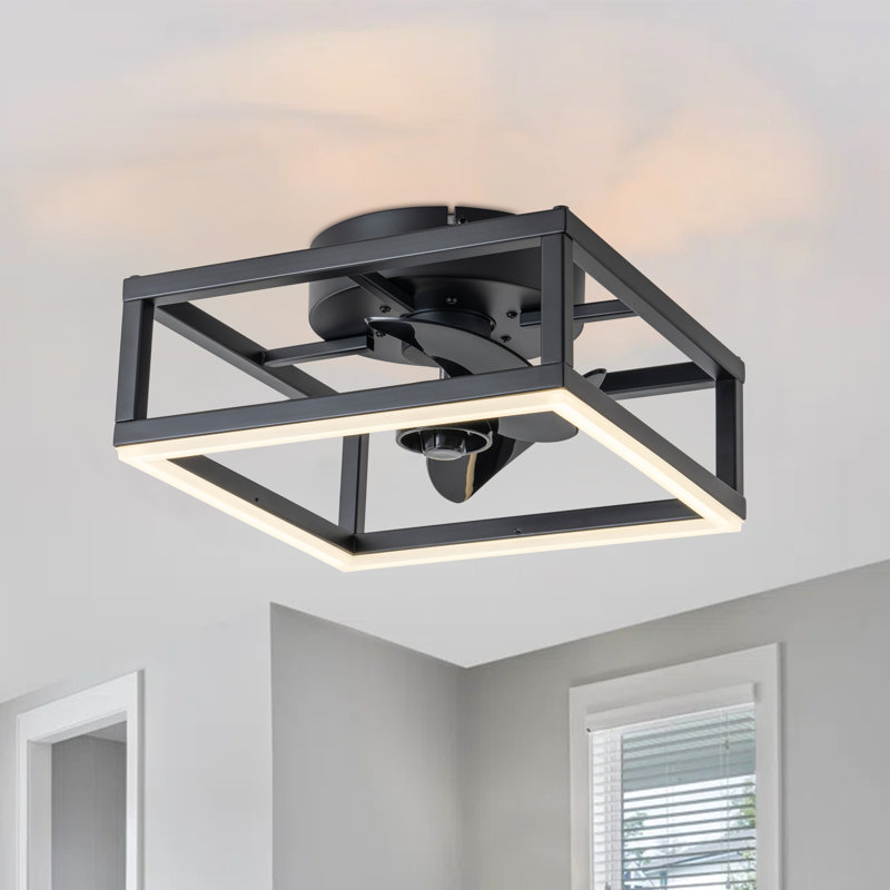 11.75 In. Led Indoor Black Ceiling Fan With Dimmable Colour Changing Lighting Low Profile Flush Mount Ceiling Fan With Remote And App Smart Control