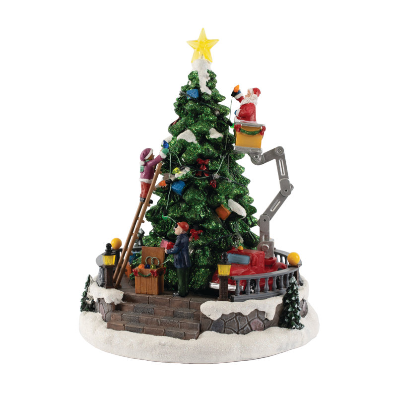 Accessoire de village de Noël animé - Père Noël décorant un arbre sur une grue