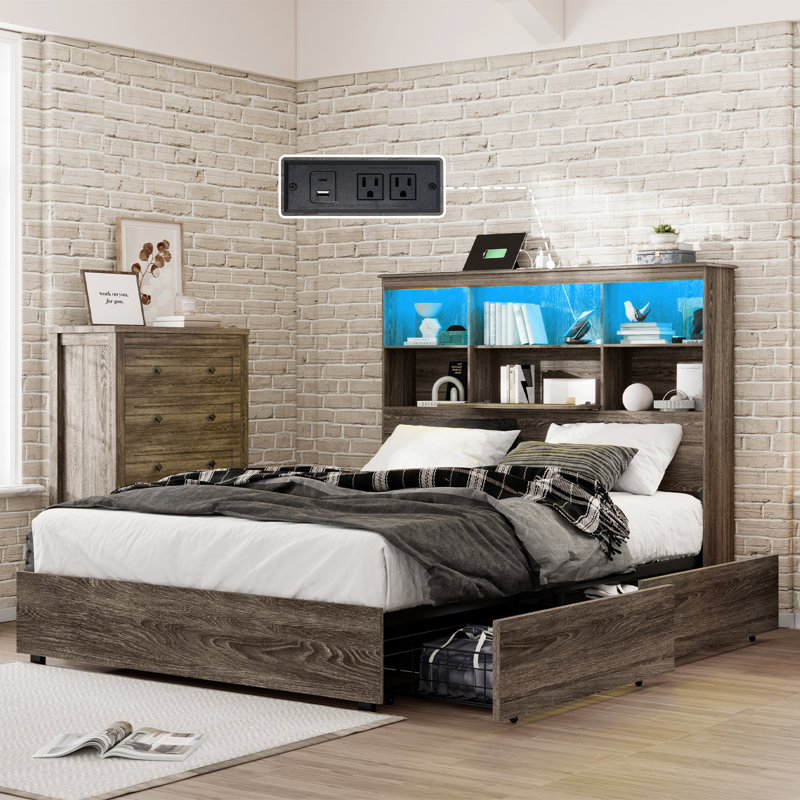 Wooden Storage Bed Frame With Led Bookcase Headboard, Rustic Gray, Full / Double