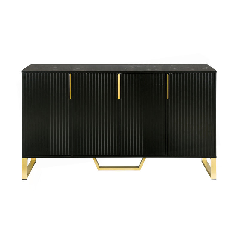 Modern Sideboard With Four Doors, Metal Handles & Legs And Adjustable Shelves Kitchen Cabinet (Black), Black
