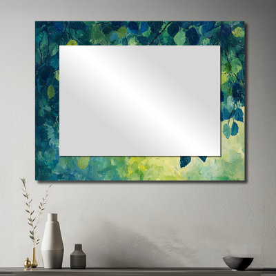 Feuilles vertes et bleues, forêt Tranquillity I - décoration murale miroir floral - imprimé sur métal