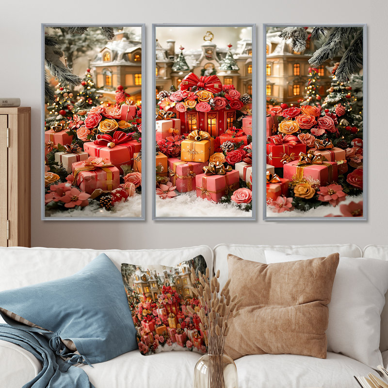 Ensemble de salon art de Noël rose or rose, Toile argentée avec cadre flottant, H 28 po x l 36 po x P 1 po