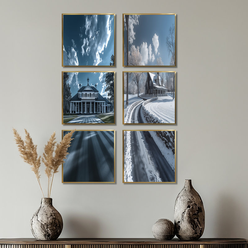 Winter Country Club Estate - ensemble d'art mural sur toile 6 pièces, Impression encadrée sans passe-partout, Doré