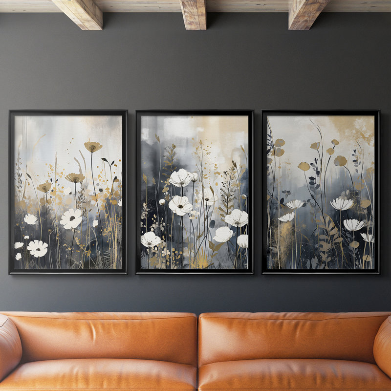 FLORAL Series CECXCV III - Toile tendue avec châssis encadré - 3 pièces, H 27 po x l 57 po, Noir, noir, noir, noir