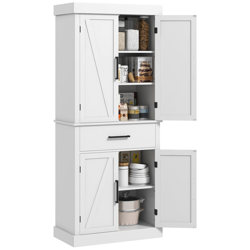 White Farmhouse Freestanding Kitchen Pantry Cabinet with Barn Doors