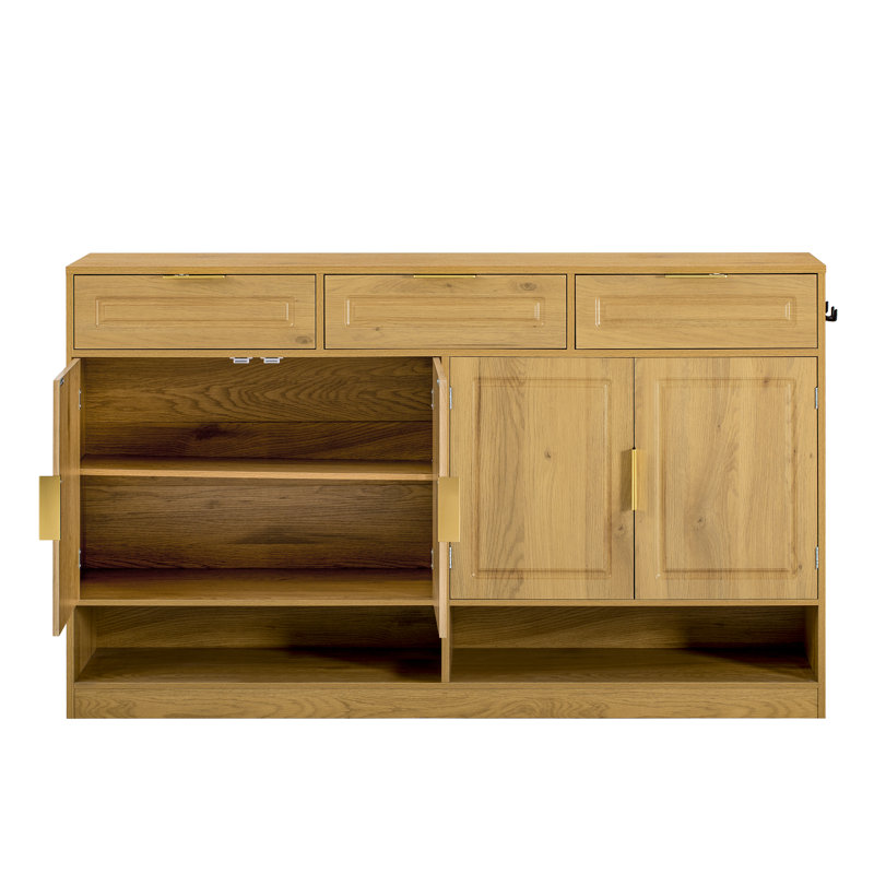 Farmhouse Sideboard Buffet, 59" Storage Cabinet with 3 Drawers, 4 Doors, Adjustable Shelf & Open Compartments, Natural