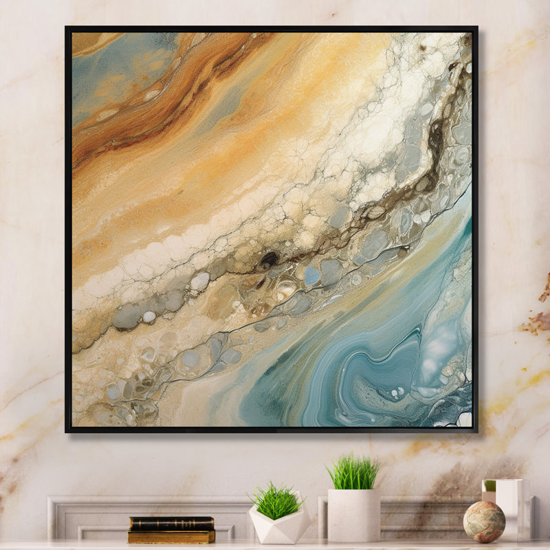 Beige bleu turquoise Symphony - impressions sur toile abstraites, H 30 po x l 30 po x P 1 po, Cadre flottant noir