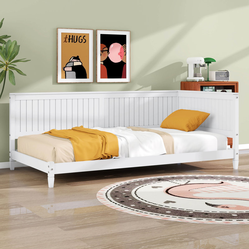 Lit de jour simple en bois, cadre de lit en bois avec tête et buffet, canapé-lit en bois avec support à lattes, Blanc