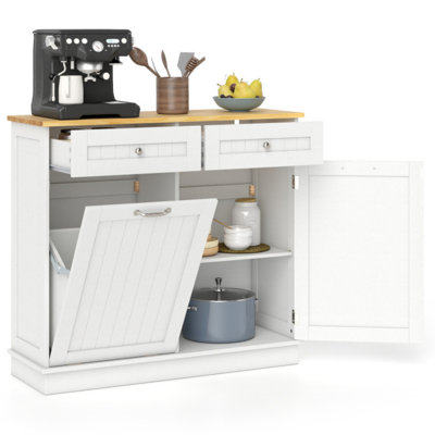 Tilt-Out Trash Can Cabinet with 2 Drawers, Adjustable Shelf & Anti-Tip Kit, White